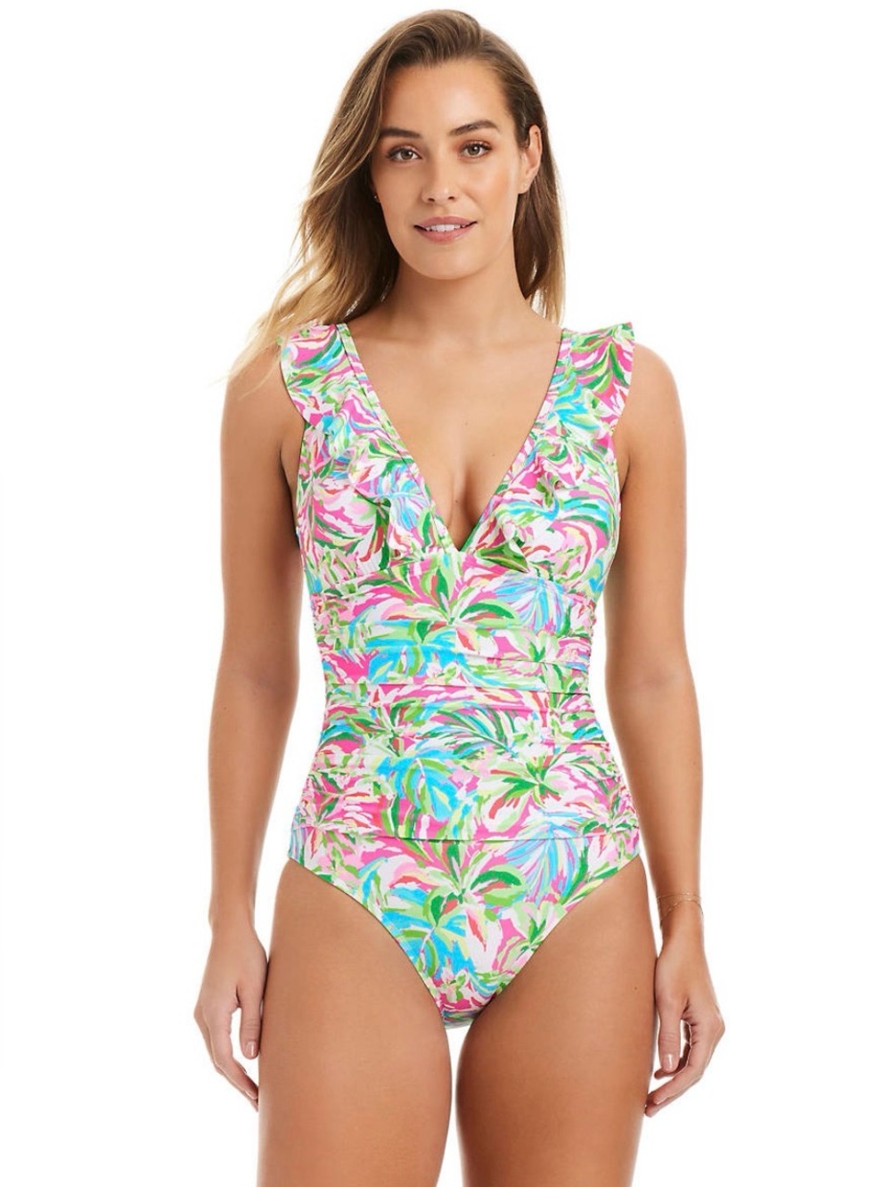 Crown & Ivy Tropical Ruffle Neck One Piece Swimsuit size 6 new with tags
